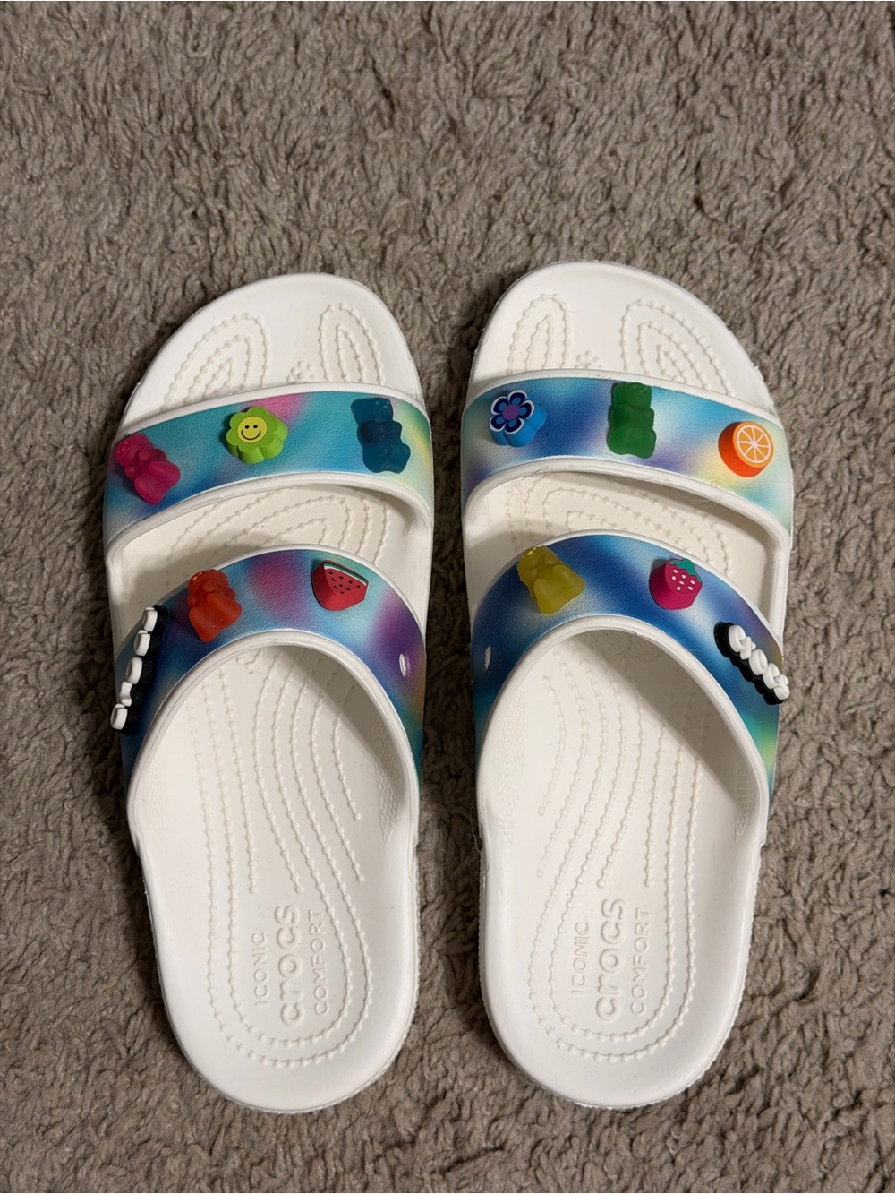 CROCS White Slide Sandals with Rainbow Gradient Straps- Charms Included